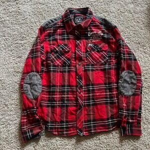 Born Fly Plaid Cotton Button Down Shirt Elbow‎ Patches Red Black Mens 2X